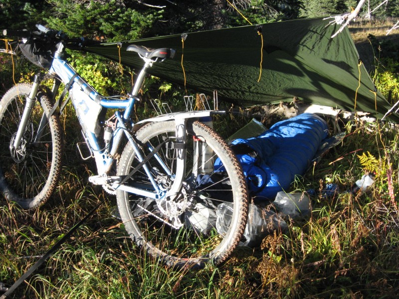 bike rack and sleeping setup